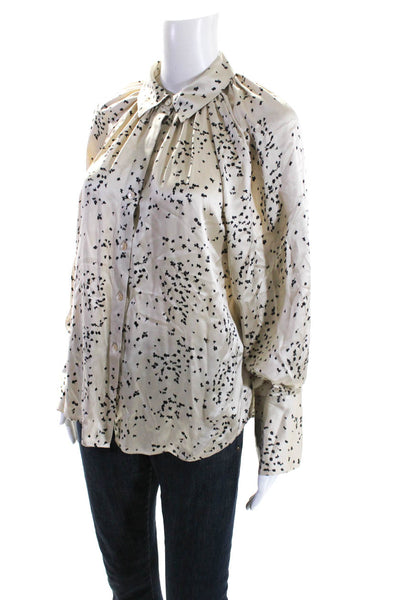 Rebecca Taylor Womens Star Satin Button Up Top Blouse Beige Silk Size Small