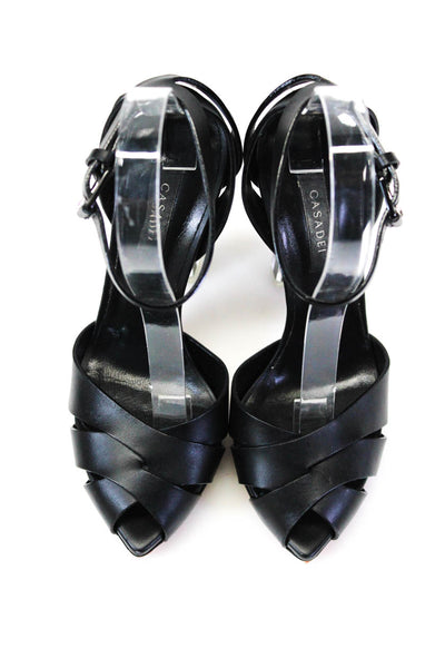 Casadei Womens Leather Ankle Strap Sandal Clear Heels Black Size 35.5 5.5