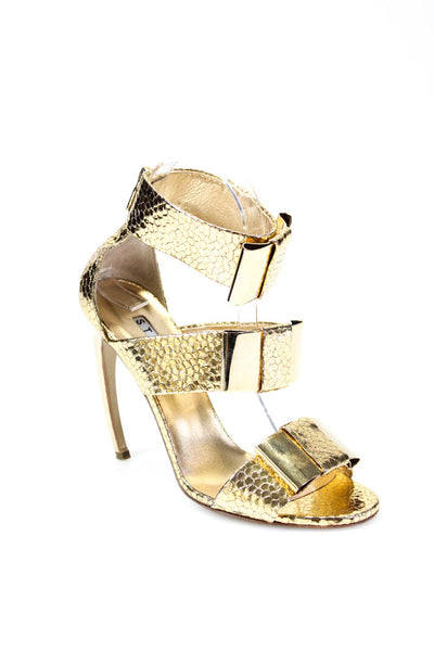 Steiger Womens Leather Bow Ankle Strap Sandal Heels Foil Gold Size 36.5 6.5