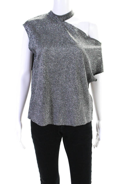 R+A Womens Crew Neck Short Sleeve Metallic Knit Top Silver Tone Size Small