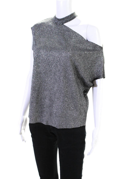 R+A Womens Crew Neck Short Sleeve Metallic Knit Top Silver Tone Size Small