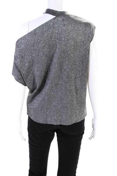 R+A Womens Crew Neck Short Sleeve Metallic Knit Top Silver Tone Size Small