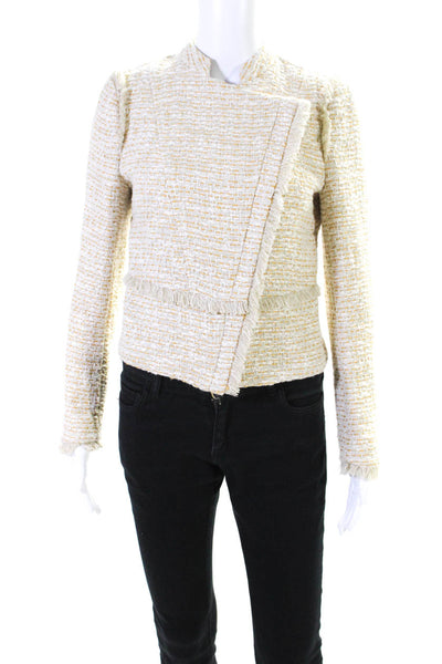 Intermix Womens Front Zip Crew Neck Fringe Trim Knit Jacket White Brown Size 4