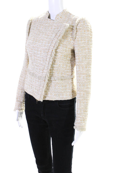 Intermix Womens Front Zip Crew Neck Fringe Trim Knit Jacket White Brown Size 4