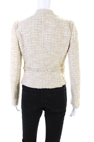 Intermix Womens Front Zip Crew Neck Fringe Trim Knit Jacket White Brown Size 4