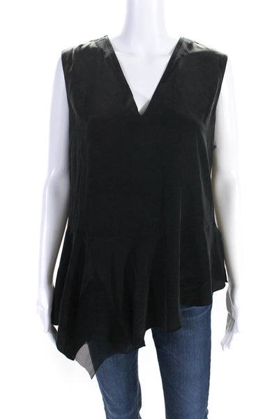 Elie Tahari Womens Silk V-Neck Asymmetrical Hem Sleeveless Blouse Black Size L