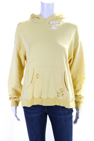 Monrow Women's Hood Long Sleeves Distress Pockets Sweatshirt Yellow Size XS