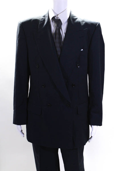 Boss Hugo Boss Mens Double Breasted Pointed Lapel Pleated Suit Navy Blue 42L