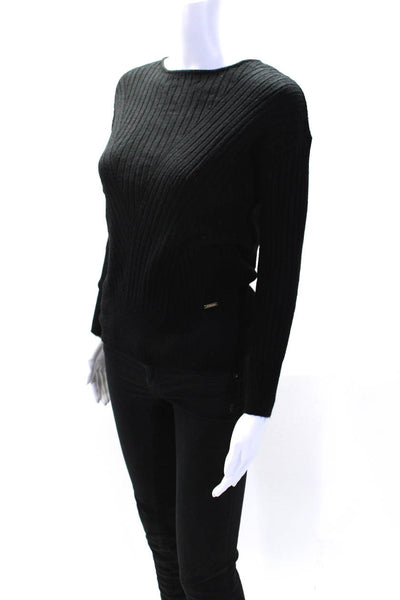 T Tahari Womens Long Sleeve Scoop Neck Ribbed Sweatshirt Black Size Extra Small