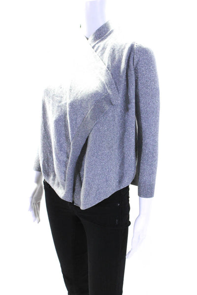 DKNY Womens Open Front Metallic Knit Cropped Cardigan Sweater Gray Size Large