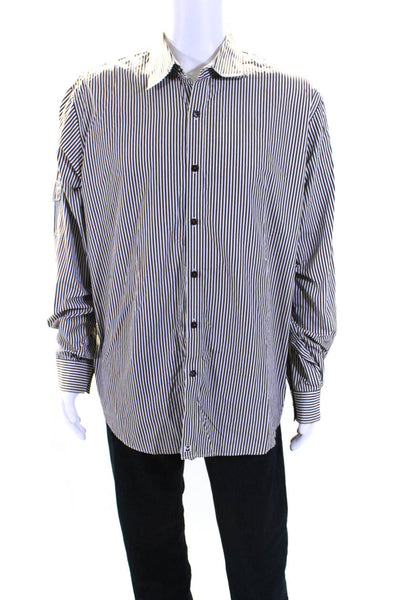 Michael Michael Kors Mens Button Front Collared Striped Shirt White Brown XL