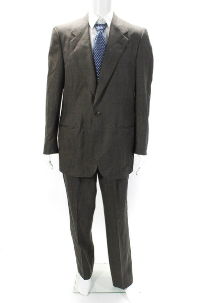 Perry Ellis Mens Single Button Notched Lapel Check Pleated Suit Brown Wool 42L