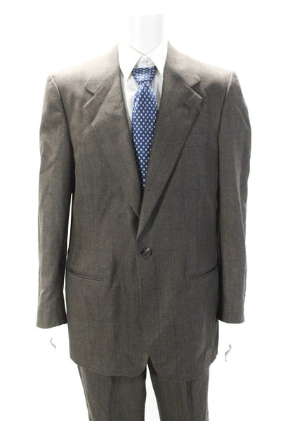 Perry Ellis Mens Single Button Notched Lapel Check Pleated Suit Brown Wool 42L