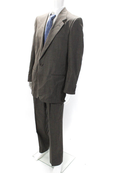 Perry Ellis Mens Single Button Notched Lapel Check Pleated Suit Brown Wool 42L