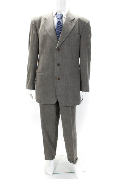 Boss Hugo Boss Mens Three Button Pinstriped Pleated Suit Brown Wool Size 42L