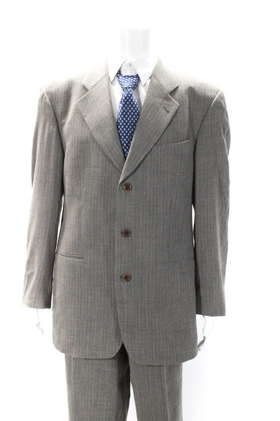 Boss Hugo Boss Mens Three Button Pinstriped Pleated Suit Brown Wool Size 42L