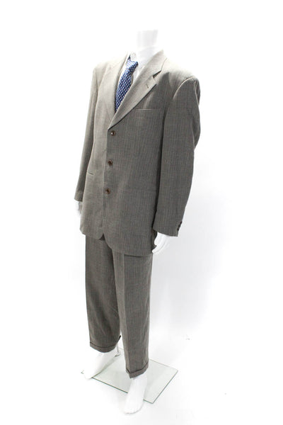 Boss Hugo Boss Mens Three Button Pinstriped Pleated Suit Brown Wool Size 42L