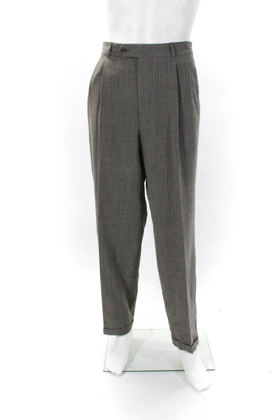 Boss Hugo Boss Mens Three Button Pinstriped Pleated Suit Brown Wool Size 42L