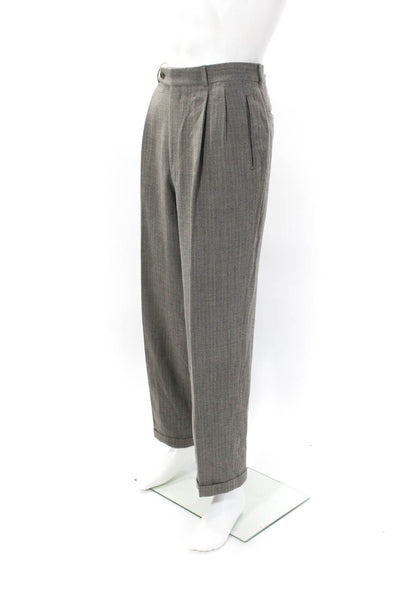 Boss Hugo Boss Mens Three Button Pinstriped Pleated Suit Brown Wool Size 42L