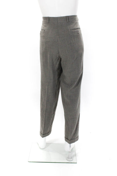 Boss Hugo Boss Mens Three Button Pinstriped Pleated Suit Brown Wool Size 42L