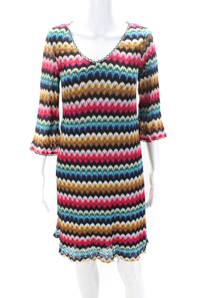 Trina Turk Womens Chevron Knit Long Sleeve V Neck Sheath Dress Multicolor Size 8