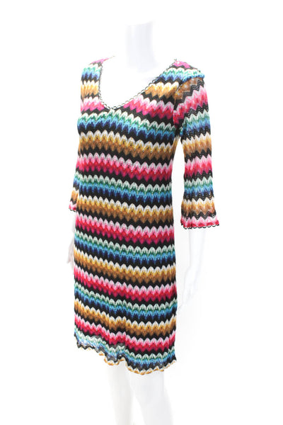 Trina Turk Womens Chevron Knit Long Sleeve V Neck Sheath Dress Multicolor Size 8