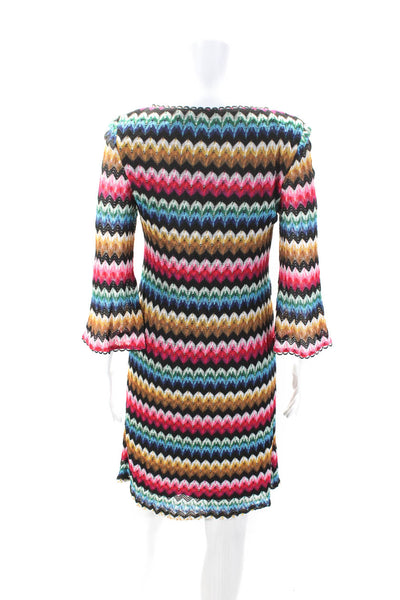 Trina Turk Womens Chevron Knit Long Sleeve V Neck Sheath Dress Multicolor Size 8