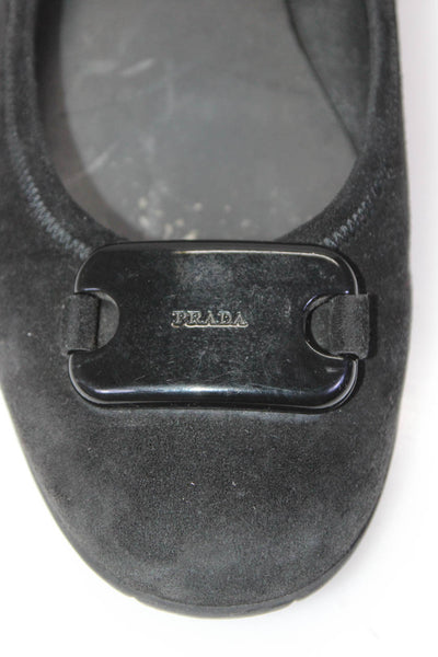 Prada Womens Round Toe Logo Buckle Suede Ballet Flats Black Size 39 9