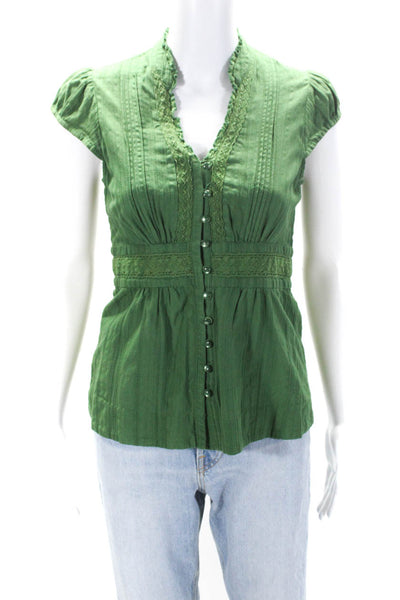 Odille Anthropologie Womens V Neck Button Down Shirt Green Cotton Size 2