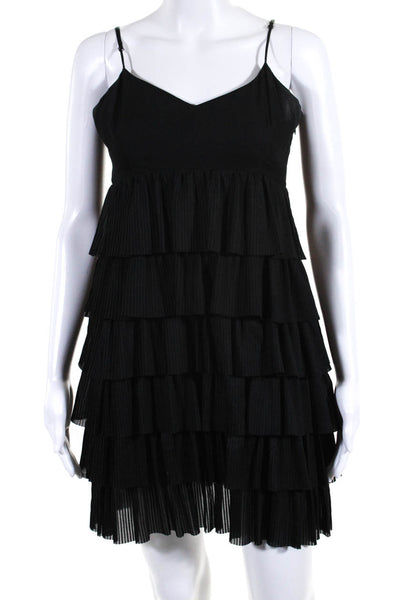 Club Monaco Women V Neck Spaghetti Strap Pleated Tiered Dress Black Size 6