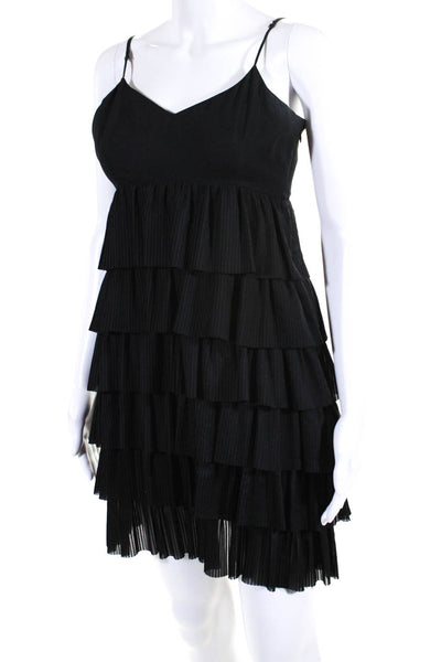 Club Monaco Women V Neck Spaghetti Strap Pleated Tiered Dress Black Size 6