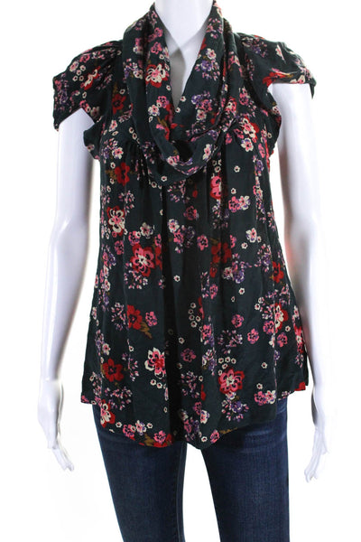 Odille Anthropologie Womens Short Sleeve Cowl Neck Floral Silk Top Black Size 4