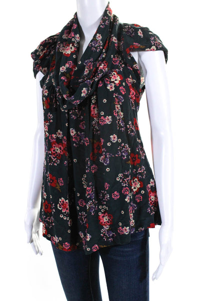 Odille Anthropologie Womens Short Sleeve Cowl Neck Floral Silk Top Black Size 4