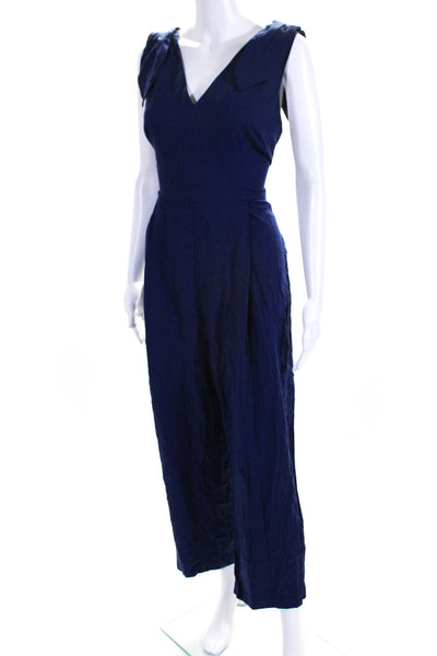 Tracy Reese Womens Back Zip Sleeveless V Neck Wide Leg Jumpsuit Blue Size 14