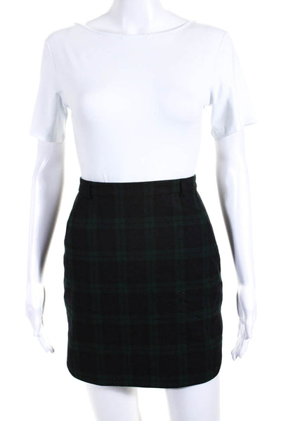 Madewell Womens Back Zip Knee Length Plaid Pencil Skirt Black Green Wool Size 2