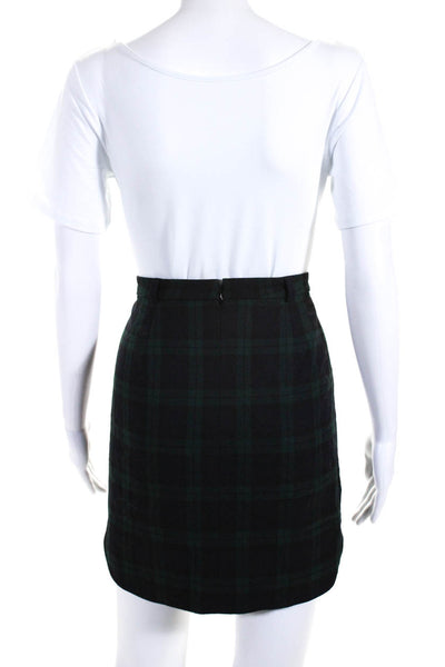 Madewell Womens Back Zip Knee Length Plaid Pencil Skirt Black Green Wool Size 2