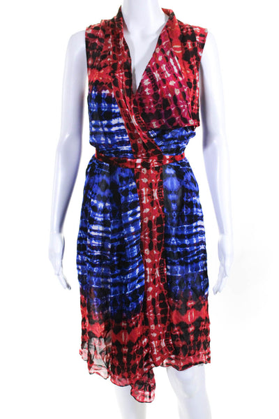 BCBGMAXAZRIA Womens Sleeveless V Neck Printed Silk Dress Blue Red Size Small