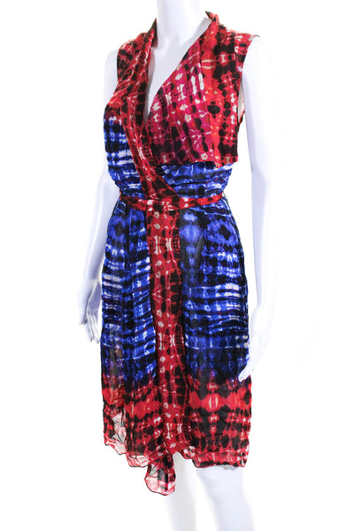 BCBGMAXAZRIA Womens Sleeveless V Neck Printed Silk Dress Blue Red Size Small