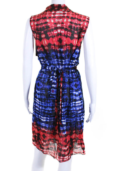 BCBGMAXAZRIA Womens Sleeveless V Neck Printed Silk Dress Blue Red Size Small