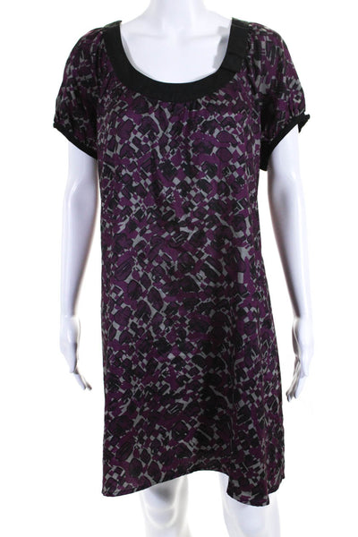 BCBGMAXAZRIA Womens Short Sleeve Scoop Neck Printed Silk Dress Purple Gray XL