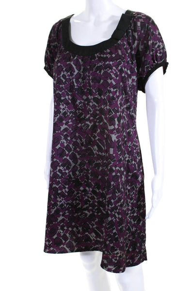 BCBGMAXAZRIA Womens Short Sleeve Scoop Neck Printed Silk Dress Purple Gray XL