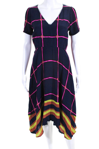 HD In Paris Womens Back Zip Short Sleeve Check Striped Dress Navy Pink Size 0