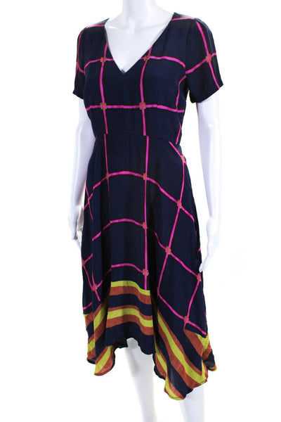 HD In Paris Womens Back Zip Short Sleeve Check Striped Dress Navy Pink Size 0