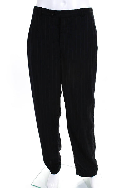 Armani Collezioni Mens Zipper Fly Pleated Pinstriped Dress Pants Black IT 58