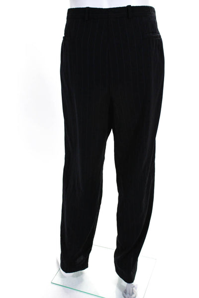 Armani Collezioni Mens Zipper Fly Pleated Pinstriped Dress Pants Black IT 58