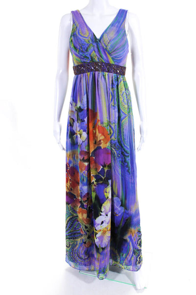 Oleg Cassini Womens Paisley Print V Neck A Line Maxi Dress Multi Colored Size 2