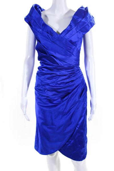 Victor Costa Womens Silk Blend V Neck Ruched Sleeveless Dress Sapphire Blue Size