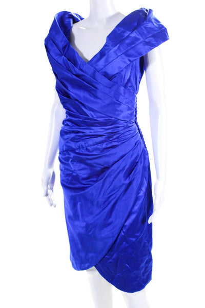 Victor Costa Womens Silk Blend V Neck Ruched Sleeveless Dress Sapphire Blue Size