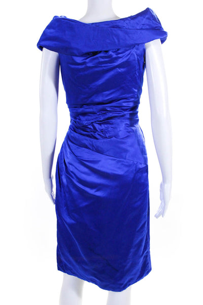 Victor Costa Womens Silk Blend V Neck Ruched Sleeveless Dress Sapphire Blue Size