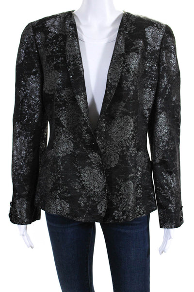 Krizia Womens Floral Print Button Down Jacket Black Silver Wool Size EUR 44